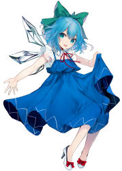 Rule 34 | 1girl, :d, absurdres, adapted costume, blue dress, blue hair, bow, cirno, commentary, daimaou ruaeru, dress, full body, green bow, hair between eyes, hair bow, head tilt, high heels, highres, ice, ice wings, lifted by self, looking at viewer, neck ribbon, open mouth, red bow, red ribbon, ribbon, short hair, simple background, skirt hold, smile, solo, touhou, white background, white footwear, wing collar, wings