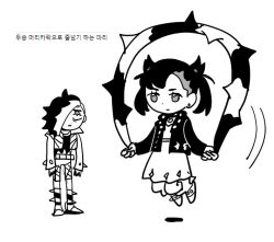 Rule 34 | 1boy, 1girl, brother and sister, creatures (company), cropped jacket, dede (qwea 00000), detached hair, earrings, game freak, greyscale, jacket, jewelry, jump rope, jumping, marnie (pokemon), monochrome, nintendo, pendant choker, piers (pokemon), pokemon, pokemon swsh, siblings, simple background, source request, standing, translation request, twintails, white background
