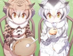 Rule 34 | 10s, 2girls, :|, blonde hair, brown coat, brown hair, buttons, chair, closed mouth, coat, collar, curry, curry rice, day, eurasian eagle owl (kemono friends), expressionless, eyelashes, food, food on face, fur collar, gloves, gradient hair, grass, grey coat, grey hair, hair between eyes, head wings, holding, holding spoon, kemono friends, large buttons, light brown hair, long sleeves, looking at viewer, mochi444420, mochi (mochi444420), multicolored clothes, multicolored coat, multicolored hair, multiple girls, northern white-faced owl (kemono friends), orange eyes, outdoors, plate, rice, rice on face, sitting, smile, spoon, tsurime, utensil in mouth, white coat, white gloves, white hair, wings, wooden chair, yellow eyes