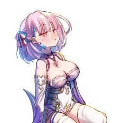 Rule 34 | 1girl, areola slip, azur lane, blush, braid, braided bangs, breasts, cleavage, cross, cross necklace, cum, cum on body, cum on breasts, cum on clothes, cum on hair, cum on upper body, cutout above navel, dress, facial, french flag, jewelry, large breasts, multicolored hair, nanaken nana, necklace, nose blush, parted lips, pink eyes, pink hair, short dress, short hair, simple background, solo, streaked hair, tartu (azur lane), thighhighs, vichya dominion (emblem), white background, white thighhighs