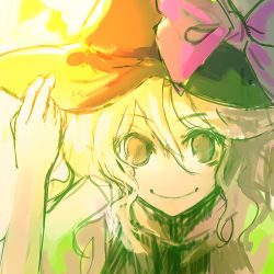 Rule 34 | 1girl, artist request, black hat, blonde hair, bow, closed mouth, eyebrows, female focus, hair between eyes, hand on headwear, hat, hat bow, kirisame marisa, long hair, lowres, purple bow, sketch, smile, solo, touhou, upper body, wavy hair, witch hat