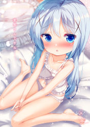 Rule 34 | 1girl, babydoll, bare arms, bare legs, bare shoulders, barefoot, bed sheet, blue eyes, blue hair, blurry, blurry background, blush, bow, bow panties, breasts, chinomaron, collarbone, commentary request, depth of field, frilled panties, frilled pillow, frills, gochuumon wa usagi desu ka?, hair ornament, highres, kafuu chino, long hair, looking at viewer, nose blush, own hands together, panties, parted lips, pillow, signature, sitting, small breasts, solo, translation request, twitter username, underwear, underwear only, very long hair, wariza, white panties, x hair ornament