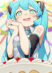 Rule 34 | 1girl, abmayo, absurdres, arm tattoo, blurry, blurry background, blush, breasts, cake, collared shirt, detached sleeves, drooling, food, from below, fruit, green eyes, green hair, green nails, green necktie, grey shirt, happy, hatsune miku, highres, long hair, nail polish, necktie, notice lines, open mouth, own hands together, shirt, small breasts, solo, strawberry, tattoo, twintails, very long hair, vocaloid