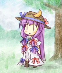 Rule 34 | 1girl, :&lt;, ascot, bad id, bad pixiv id, boots, bow, chibi, crescent, female focus, hair bow, hat, hat ribbon, long hair, natsuki (silent selena), patchouli knowledge, purple hair, ribbon, solo, standing, straw hat, touhou, tree, | |