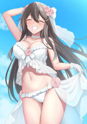 Rule 34 | 1girl, akahi242, alternate costume, bare arms, bare legs, bare shoulders, bikini, black hair, blush, breasts, bridal veil, bride, cleavage, collarbone, cowboy shot, facing viewer, flower, gloves, groin, hair between eyes, hair flower, hair ornament, hairclip, haruna (kancolle), highres, kantai collection, large breasts, long hair, navel, nontraditional wedding dress, open mouth, pink flower, smile, solo, swimsuit, veil, white bikini, white gloves