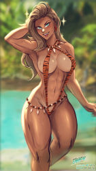 Rule 34 | 1girl, animal print, aqua eyes, arm behind head, arm up, armpits, artist name, asymmetrical hair, belly chain, blurry, blurry background, breasts, cleavage, commentary, creatures (company), day, english commentary, fang, female focus, game freak, highres, iahfy, jewelry, large breasts, light brown hair, long hair, looking at viewer, muscular, muscular female, navel, nintendo, outdoors, patreon username, pokemon, pokemon sv, print swimsuit, sada (pokemon), slingshot swimsuit, solo, sparkle, standing, sweat, swimsuit, thighs, tiger print, tongue, tongue out, twitter username, water, watermark, wet
