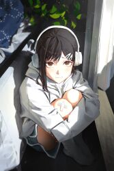 Rule 34 | 1girl, absurdres, bandaid, bed, black hair, brown eyes, casual, chainsaw man, curtains, drawstring, from above, full body, gym shorts, hair ornament, hairclip, hashtag-only commentary, headphones, higashiyama kobeni, highres, holding own arm, hood, hoodie, hugging own legs, indoors, kozzz y, looking at viewer, mole, mole under eye, on floor, parted bangs, pillow, plant, sad, shorts, single sidelock, sitting, sleeves past wrists, socks, solo, white headphones, white hoodie, white socks