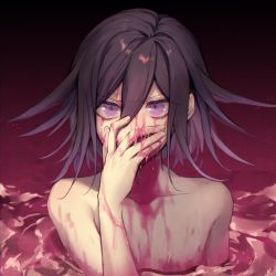 Rule 34 | 1boy, bare arms, bare pectorals, bare shoulders, black hair, blood, blood on hands, collarbone, commentary request, covering own mouth, danganronpa (series), danganronpa v3: killing harmony, dark background, hair between eyes, highres, in water, looking at viewer, male focus, nanin, oma kokichi, pectorals, pink blood, pink water, purple eyes, purple hair, short hair, simple background, solo, water