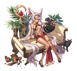 Rule 34 | 1girl, absurdly long hair, absurdres, animal, animal ear fluff, animal ears, armlet, artist request, black cat, black footwear, breasts, broken vase, cat, cat ears, couch, facial mark, fang, guardian tales, hairband, high heels, highleg, highleg panties, highres, holding, holding animal, holding cat, ice witch lupina, long hair, low twintails, medium breasts, navel, official art, on couch, open mouth, panties, panty straps, pelvic curtain, revealing clothes, sitting, skin fang, solo, staff, tassel, thighlet, transparent background, twintails, underwear, vase, very long hair, white background, white hair, yellow eyes