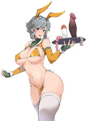 Rule 34 | 1girl, adapted costume, alternate costume, anal beads, animal ears, ao no kiseki, bikini, blue eyes, blush, bottle, breasts, cameltoe, cleavage, commentary, condom, condom packet strip, condom wrapper, covered erect nipples, cowboy shot, curvy, detached sleeves, dildo, eiyuu densetsu, elbow gloves, embarrassed, fake animal ears, fake tail, falcom, fingerless gloves, gloves, grace lynn, green gloves, hajimari no kiseki, holding, holding tray, large breasts, large pasta, looking at viewer, lube, micro bikini, navel, open mouth, rabbit ears, rabbit tail, sex toy, short hair, silver hair, simple background, solo, stomach, string bikini, sweatdrop, swimsuit, tail, thighhighs, thighs, tray, wavy mouth, white background, white thighhighs, yellow bikini, zero no kiseki