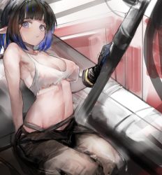 Rule 34 | 1girl, arknights, bad id, bad pixiv id, bare arms, bare shoulders, black gloves, black hair, black pants, blue eyes, breasts, crop top, crop top overhang, eunectes (arknights), eunectes (forgemaster) (arknights), expressionless, gloves, gnai, gradient hair, highres, looking at viewer, medium breasts, midriff, multicolored hair, navel, no bra, official alternate costume, pants, pointy ears, shirt, short hair, sitting, sleeveless, sleeveless shirt, solo, stomach, torn clothes, torn shirt, white shirt