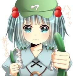 Rule 34 | &gt;:3, 1girl, :3, bad id, bad pixiv id, blue eyes, blue hair, blush, cucumber, female focus, hair bobbles, hair ornament, hat, heart, heart-shaped pupils, kawashiro nitori, looking at viewer, matching hair/eyes, short hair, simple background, smile, solo, symbol-shaped pupils, touhou, two side up, upper body, v-shaped eyebrows, yamasuta