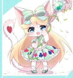 Rule 34 | 1girl, :d, alice (cat busters), animal ears, blonde hair, blue eyes, body fur, bow, cat, cat busters, cat ears, cat girl, cat tail, commentary request, full body, furry, furry female, green bow, hair bow, highres, holding, holding staff, long hair, long tail, looking at viewer, open mouth, smile, socks, solo, staff, standing, striped, striped bow, syuya, tail, whiskers, white fur