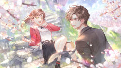 Rule 34 | 1boy, 1girl, :d, artem wing (tears of themis), black jacket, black skirt, blue eyes, blue sky, brown hair, cherry blossoms, closed mouth, cloud, cloudy sky, formal, green eyes, highres, jacket, long hair, long sleeves, looking at viewer, looking back, open mouth, outdoors, petals, red jacket, rm-parfait, rosa (tears of themis), sitting, skirt, sky, smile, tears of themis