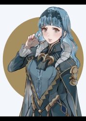 Rule 34 | 1girl, alternate costume, alternate hairstyle, blue hair, blunt bangs, blush, brown eyes, cape, fa2263cr, fire emblem, fire emblem: three houses, fire emblem warriors, fire emblem warriors: three hopes, frills, gold, hair ornament, hairband, highres, lace hairband, long hair, looking at viewer, marianne von edmund, nintendo, off shoulder, official alternate hairstyle, sidelocks, solo, wavy hair