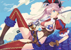 Rule 34 | 1girl, american flag bikini, american flag print, belt, bikini, blue eyes, boots, breasts, brown footwear, brown gloves, brown hair, character name, cleavage, cloud, earrings, fate/grand order, fate (series), fingerless gloves, flag print, gloves, gunblade, hair ornament, holding, holding sword, holding weapon, jewelry, katana, long hair, looking at viewer, medium breasts, miyamoto musashi (fate), miyamoto musashi (fate/grand order), miyamoto musashi (swimsuit berserker) (fate), miyamoto musashi (swimsuit berserker) (second ascension) (fate), navel, nishimura eri, ponytail, print bikini, red thighhighs, showgirl skirt, shrug (clothing), smile, solo, star (symbol), star earrings, swimsuit, sword, thighhighs, underbust, weapon