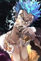 Rule 34 | 1boy, agulo, angry, black background, blue hair, cigarette, ear piercing, highres, holding, holding cigarette, lei (rance), lightning, looking at viewer, male focus, piercing, rance (series), rance 10, simple background, smoking, solo, wide-eyed