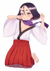 Rule 34 | 1girl, :o, atg (wttoo0202), barefoot, black hair, blush, commentary request, earrings, fuki (kunoichi tsubaki no mune no uchi), full body, gradient hair, grey eyes, hair between eyes, hakama, hands up, highres, japanese clothes, jewelry, kimono, kneeling, kunoichi tsubaki no mune no uchi, looking at viewer, multicolored hair, off shoulder, parted bangs, parted lips, purple hair, purple scarf, red hakama, scarf, short eyebrows, simple background, solo, thick eyebrows, white background, white kimono
