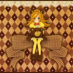 Rule 34 | 10s, 1girl, :3, animal ears, argyle, argyle background, argyle clothes, bad id, bad pixiv id, bear ears, blonde hair, blush, extra, girl with bear (madoka magica), hair ornament, highres, looking at viewer, magical girl, mahou shoujo madoka magica, mahou shoujo madoka magica (anime), mxnxm, smile, solo, spoilers, thighhighs, yellow eyes, yellow thighhighs