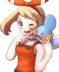 Rule 34 | 1girl, ;d, blue eyes, blush, bow hairband, breasts, brown hair, commentary request, creatures (company), eyelashes, game freak, gen 3 pokemon, hairband, hands up, highres, may (pokemon), mudkip, nintendo, on shoulder, one eye closed, open mouth, pokemon, pokemon (creature), pokemon on shoulder, pokemon oras, shirt, sleeveless, sleeveless shirt, smile, teeth, tongue, uyumaru art