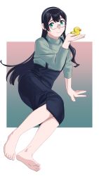 Rule 34 | 1girl, absurdres, alternate costume, anchor symbol, arm support, barefoot, black hair, black skirt, blue eyes, closed mouth, feet, foreshortening, glasses, green sweater, grey hairband, hairband, highres, kantai collection, long hair, long sleeves, looking at viewer, ojipon, ooyodo (kancolle), overall skirt, rubber duck, semi-rimless eyewear, skirt, smile, soles, solo, suspender skirt, suspenders, sweater, toes, turtleneck, turtleneck sweater, under-rim eyewear