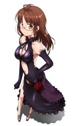 Rule 34 | 00s, 1girl, akizuki ritsuko, antenna hair, breasts, brown eyes, brown hair, choker, cleavage, dress, elbow gloves, flower, formal, frills, full body, glasses, gloves, hair down, hand on own hip, high heels, highres, idolmaster, idolmaster (classic), idolmaster 1, long hair, looking at viewer, medium breasts, navel, neck ribbon, ribbon, rose, shadow, shoes, sidelocks, simple background, solo, ttomm, white background