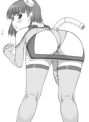 Rule 34 | 00s, 1girl, :o, ass, bare shoulders, bent over, blush, clenched hand, elbow gloves, flying sweatdrops, from behind, gloves, greyscale, hand on own thigh, headgear, kneepits, leotard, looking at viewer, looking back, monochrome, motionslit, open mouth, pilot suit, raised eyebrows, sakurano otoha, shichimenchou, short hair, simple background, sky girls, solo, surprised, thighhighs, wide-eyed