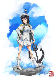 Rule 34 | 1girl, absurdres, adapted costume, adapted object, adapted weapon, anchor, belt boots, black hair, blue eyes, blue sky, boots, button gap, cloud, coat, coat on shoulders, day, epaulettes, hair between eyes, hand on own hip, hat, highres, hyoutan tan, long sleeves, murasa minamitsu, peaked cap, sailor hat, shameimaru aya, shirt, short hair, skirt, sky, smile, solo, touhou, white footwear, white shirt, white skirt