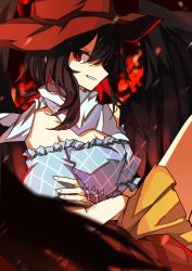 Rule 34 | 1girl, bandana, bare shoulders, black hair, black wings, brown hat, crossed arms, grin, hat, highres, kurokoma saki, looking at viewer, multicolored clothes, one-hour drawing challenge, pegasus wings, plaid, ponytail, red eyes, smile, solo, souko illust, touhou, upper body, white bandana, wings