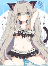 Rule 34 | 0v0xxx, 1girl, :o, ahoge, animal ears, argyle, argyle background, argyle clothes, arm at side, arm up, bikini, bikini skirt, black bikini, blue eyes, blush, cat ears, cat girl, cat tail, collarbone, crossed bangs, flat chest, frilled bikini, frills, grey hair, hair between eyes, hand in own hair, heart, highres, inset border, legs apart, long hair, looking at viewer, notice lines, original, parted lips, sidelocks, sitting, solo, swimsuit, tail, thighs, twintails, twitter username, very long hair, wariza