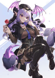 Rule 34 | 1girl, :o, arknights, asc11, black flower, black footwear, black rose, black thighhighs, bodystocking, boots, breasts, candy, commentary request, flower, food, full body, hands up, head wings, highres, holding, holding candy, holding food, holding lollipop, large breasts, lollipop, long hair, long sleeves, looking at viewer, manticore (arknights), manticore (under a veil) (arknights), open mouth, pink eyes, pointy ears, purple hair, purple nails, rose, scorpion tail, solo, tail, thighhighs, wings