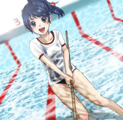 Rule 34 | 1girl, bad id, bad pixiv id, blue eyes, blue hair, broom, cleaning, cleaning brush, dutch angle, female focus, keito (mask), matching hair/eyes, no pants, one-piece swimsuit, original, ponytail, pool, school swimsuit, see-through, short hair, solo, swimsuit, swimsuit under clothes, wet