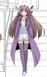 Rule 34 | 1girl, alternate costume, female focus, gustav (telomere na), hat, jewelry, long coat, long hair, patchouli knowledge, pendant, purple eyes, purple hair, solo, stairs, thighhighs, touhou, unfinished, zettai ryouiki