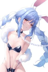 Rule 34 | 1girl, animal ear fluff, animal ears, bare shoulders, bdsm, between legs, bikini, bikini top only, black bikini, blue hair, blush, bondage, bottomless, bound, braid, breasts, chain, chain leash, chocofox, cleavage, closed mouth, collar, collarbone, commentary request, fur shawl, groin, hand between legs, highres, hololive, leash, long hair, looking at viewer, mixed-language commentary, multicolored hair, navel, rabbit ears, red eyes, shawl, sidelocks, simple background, sitting, slave, smile, solo, strapless, strapless bikini, swimsuit, thick eyebrows, twin braids, two-tone hair, usada pekora, very long hair, virtual youtuber, white background, white hair