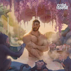Rule 34 | 1boy, animal, arm hair, bara, beard, brown hair, chest hair, closed mouth, completely nude, copyright name, coral island, david ardinaryas, facial hair, falling petals, highres, jewelry, large pectorals, male focus, mark (coral island), monkey, muscular, muscular male, necklace, nipples, nude, official art, official wallpaper, outdoors, pectorals, petals, sauna, short hair, smile, upper body, water