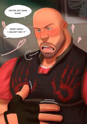 Rule 34 | 1boy, absurdres, alcornoz meow, bald, bara, beard stubble, blood, blood on clothes, blood on pectorals, bloody handprints, blush, collared shirt, english text, facial hair, handprint, heavy (tf2), highres, implied yaoi, large hands, large pectorals, male focus, motion lines, muscular, muscular male, mustache stubble, pectorals, red heavy (tf2), saliva, shirt, solo, stubble, sunlight, team fortress 2, upper body