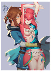 Rule 34 | 1boy, 1girl, absurdres, arms around waist, arms up, bad id, bad pixiv id, breasts, breasts apart, brown hair, cleavage, cloak, earrings, closed eyes, fingerless gloves, gloves, highres, jewelry, jolker, link, mipha, necklace, nintendo, sash, short ponytail, smile, the legend of zelda, the legend of zelda: breath of the wild, tiara