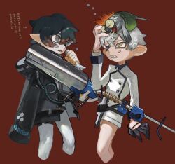 Rule 34 | 2boys, absurdres, arknights, cropped legs, crossover, e-liter 4k (splatoon), faust (arknights), gloves, green eyes, grey hair, hair between eyes, highres, holding, holding weapon, inkling, inkling boy, inkling player character, long sleeves, male focus, mephisto (arknights), multiple boys, nintendo, octoling, octoling boy, octoling player character, one eye closed, open mouth, pointy ears, red background, salmonid, sharp teeth, shorts, simple background, smallfry (splatoon), splatoon (series), sweat, teeth, tentacle hair, translation request, weapon, white shorts, yomotobi