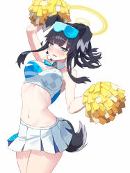 Rule 34 | 1girl, arm up, bare arms, bare shoulders, black hair, blue archive, blue eyes, breasts, cheerleader, commentary request, cowboy shot, crop top, facial mark, goggles, goggles on head, hibiki (blue archive), hibiki (cheer squad) (blue archive), highres, holding, holding pom poms, large breasts, long hair, looking at viewer, mango (hebimango), midriff, millennium cheerleader outfit (blue archive), miniskirt, navel, open mouth, partial commentary, pleated skirt, pom pom (cheerleading), pom poms, sidelocks, simple background, skirt, solo, standing, star (symbol), stomach, tail, thighs, white background, white skirt