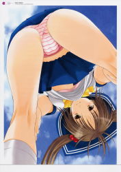 Rule 34 | 1girl, absurdres, ass, azuma yuki, bow, bow bra, bra, brown hair, cameltoe, from above, from below, hair bobbles, hair ornament, highres, kneepits, looking down, panties, pink bra, pink panties, socks, solo, spread legs, striped clothes, striped panties, underwear