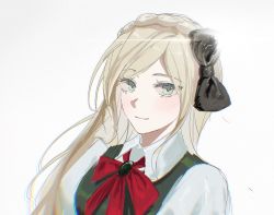 Rule 34 | 1girl, black bow, blonde hair, bow, braid, closed mouth, collared shirt, commentary request, danganronpa (series), danganronpa 2: goodbye despair, dress, gatobau, green eyes, hair bow, long hair, looking at viewer, portrait, red bow, shirt, simple background, sketch, smile, solo, sonia nevermind, swept bangs, upper body, white background, white shirt