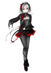 Rule 34 | 1girl, absurdres, arknights, artist name, black jacket, black pantyhose, black skirt, eps3rd, finger to mouth, gloves, highres, horns, jacket, looking at viewer, open clothes, open jacket, pantyhose, red eyes, scarf, shirt, short hair, silver hair, simple background, skirt, solo, w (arknights), white background