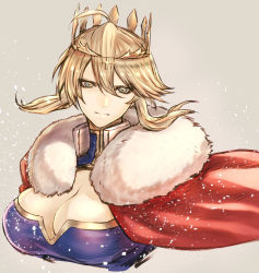 Rule 34 | 1girl, absurdres, ahoge, artoria pendragon (fate), artoria pendragon (lancer) (fate), blonde hair, blue dress, braid, breasts, cape, cleavage, commentary request, crown, dress, fate/grand order, fate (series), french braid, fur-trimmed cape, fur trim, green eyes, hair between eyes, high collar, highres, large breasts, looking at viewer, mugetsu2501, red cape, sidelocks, swept bangs