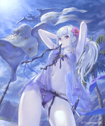 Rule 34 | 1girl, armpits, arms up, banner, bikini, bird, blush, breasts, cloud, contrapposto, cowboy shot, cygames, dark jeanne, flower, front-tie bikini top, front-tie top, gluteal fold, granblue fantasy, hair flower, hair ornament, hairband, hairdressing, hibiscus, highres, hisakata souji, jeanne d&#039;arc (granblue fantasy), lens flare, light rays, long hair, looking at viewer, medium breasts, moonlight, mouth hold, navel, night, night sky, outdoors, palm tree, purple bikini, purple ribbon, red eyes, ribbon, see-through, sheath, sheathed, silver hair, sky, solo, standing, stomach, swimsuit, sword, thighs, tree, tying hair, underboob, very long hair, weapon