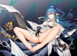 Rule 34 | 1girl, absurdres, arknights, barefoot, blue hair, braid, feet, grin, highres, horns, ling (arknights), long hair, no panties, pointy ears, pussy, smile, spread pussy, toes, xo (xo17800108)