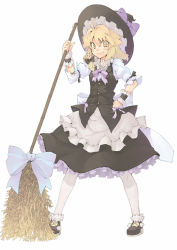 Rule 34 | 1girl, blonde hair, braid, broom, female focus, hand on own hip, hat, kirisame marisa, morino hon, short hair, simple background, solo, standing, touhou, white background, witch, witch hat, yellow eyes