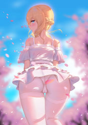 Rule 34 | 1girl, absurdres, ass, azur lane, bare shoulders, blonde hair, blue eyes, blue sky, blurry, blurry background, blush, braid, commentary request, day, dress, from behind, highres, leaning forward, looking at viewer, looking back, motion blur, outdoors, panties, panties under pantyhose, pantyhose, parted lips, petals, profile, renown (azur lane), short sleeves, sidelocks, sky, solo, sunlight, thigh gap, thighband pantyhose, underwear, upskirt, white dress, white panties, white pantyhose, you ni ge shaobing