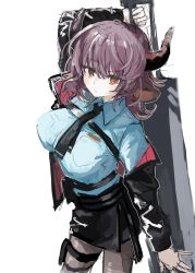 Rule 34 | 1girl, absurdres, animal ears, arknights, arm up, black jacket, black skirt, blue shirt, blush, breast pocket, breasts, brown eyes, cow ears, cow girl, cow horns, greatsword, highres, holding, holding sword, holding weapon, horns, jacket, large breasts, long hair, long sleeves, looking at viewer, one-hour drawing challenge, open clothes, open jacket, osakanadream, pantyhose, pocket, red hair, shirt, sideroca (arknights), simple background, skirt, solo, sword, thigh strap, weapon, white background