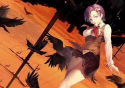Rule 34 | 1girl, bird, black skirt, blue eyes, breasts, building, cityscape, collared shirt, crow, dusk, expressionless, falling, feet out of frame, hair ornament, hairclip, heterochromia, highres, looking at viewer, may (2747513627), medium breasts, neck ribbon, pleated skirt, power lines, purple eyes, purple hair, red ribbon, ribbon, sayonara wo oshiete, shirt, short hair, skirt, solo, takada nozomi, twilight, underbust, upside-down, utility pole, vest, white shirt