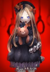Rule 34 | 1girl, :o, abigail williams (fate), absurdres, black bow, black dress, black hat, blonde hair, bloomers, blue eyes, blurry, blurry background, bow, bug, butterfly, depth of field, dress, fate/grand order, fate (series), hair bow, hands in opposite sleeves, hat, head tilt, highres, hugging object, insect, long hair, long sleeves, looking at viewer, noose, open mouth, orange bow, parted bangs, polka dot, polka dot bow, red background, shirone (shiromame-0111), solo, stuffed animal, stuffed toy, teddy bear, teeth, underwear, upper teeth only, very long hair, white bloomers